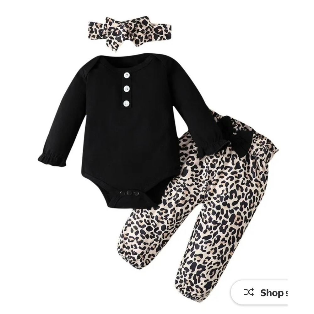 Baby Girl 3pc Leopard Print Outfit Set Bodysuit Joggers Headband Black Tan 6-9M
